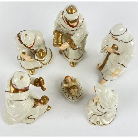 VTG 6 pc Nativity Manger Scene Glazed Porcelain White Gold trim Figurines 1990s - Picture 7 of 13